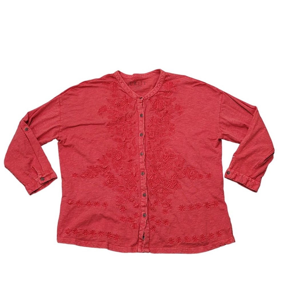 Caite red long sleeve embroidered floral button up shirt size small